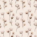 Watercolor vintage background with twigs and cotton flowers boho decoration. Softness Botanical watercolour seamless pattern Royalty Free Stock Photo