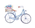 Watercolor vintage bicycle with box of flowers Royalty Free Stock Photo