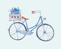 Watercolor vintage bicycle with box of flowers