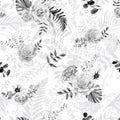 Watercolor vintage black and white seamless pattern with a herbarium of rose flowers and tropical palm leave