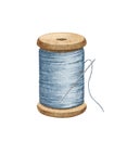 Watercolor vintage blue spool of thread with metal needle