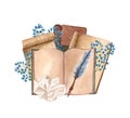 Watercolor vintage books illustration. Hand Drawn a pile of old books, ink bottle, ink feather, floral twig, open book