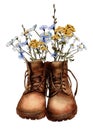 Watercolor Vintage boots with wildflowers, Hiking boots, Travel, Adventure