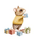 Watercolor vintage cartoon mouse in clothes with birthday gift boxes