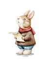 Watercolor cartoon bunny in clothes singing Christmas carols Royalty Free Stock Photo