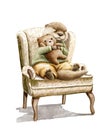 Watercolor vintage cartoon otter sits on chair in clothes and hug teddy bear Royalty Free Stock Photo