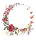 Watercolor vintage burgundy rose and wildflowers wreath