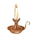 Watercolor vintage burning candle in candlestick isolated. Template illustration old retro accessories. Hand drawn