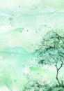 Watercolor Vintage Bush, A Tree. On The Sunset. Abstract Spots, Shore, Sky, Watercolor Landscape. Countryside Landscape With Tree