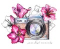 Watercolor vintage camera with flowers Royalty Free Stock Photo