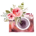 Watercolor vintage camera, retro camera. Logo and emblem for photographer.