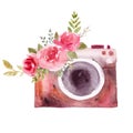 Watercolor vintage camera, retro camera. Logo and emblem for photographer.