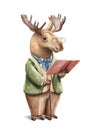 Watercolor vintage cartoon elk in costume clothes reads red book