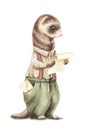 Watercolor vintage cartoon ferret in clothes read letter