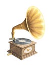 Watercolor vintage cartoon gramophone with record