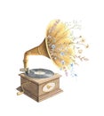 Watercolor vintage cartoon gramophone with record and wild flowers Royalty Free Stock Photo