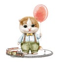 Watercolor vintage cartoon kitten in clothes holding birthday balloon and play with little train