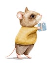 Watercolor vintage cartoon mouse in clothes holding birthday gift box