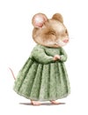 Watercolor vintage cartoon mouse in dress