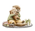 Watercolor vintage cartoon otter sits in clothes, with present, toy railway and hug teddy bear