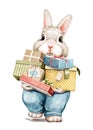 Watercolor vintage cartoon rabbit in blue trousers holding many gift boxes
