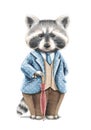 Watercolor vintage cartoon raccoon in costume with umbrella cane