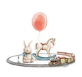 Watercolor vintage cartoon rocking cute horse toy, air rubber balloon, children`s railway and plush rabbit