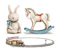 Watercolor vintage cartoon rocking cute horse toy, children`s railway and plush rabbit