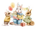 Watercolor vintage cartoon squirrel, mouse and bunny in clothes with present