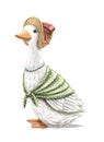 Watercolor vintage cartoon white goose in scarf, beads and hat