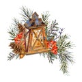 Watercolor vintage Christmas greeting card with rustic lantern, spruce branches, pine cones, berries