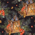 Watercolor vintage Christmas seamless pattern with rustic lantern, spruce branches, pine cones, berries
