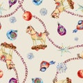 Watercolor vintage Christmas toys seamless pattern. Wooden horse, star, red apple, pearl garland beads texture Royalty Free Stock Photo