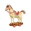 Watercolor vintage Christmas toys - wooden horse isolated on white background Royalty Free Stock Photo