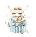 Watercolor cartoon vintage colorful handmade Easter cake with eggs on gift box with holiday flags