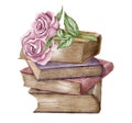 Watercolor vintage composition with old stack of closed books in different colors with meadow dried flowers isolated on Royalty Free Stock Photo