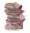 Watercolor vintage composition with old stack of closed books in different colors with meadow dried flowers isolated on Royalty Free Stock Photo