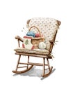 Watercolor cartoon wicker basket for knitting and Christmas sock on rocking chair Royalty Free Stock Photo