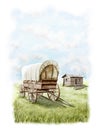 Watercolor vintage covered wagon near log house in grass Royalty Free Stock Photo