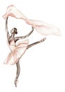 Watercolor dancing ballerina with dark skin. Pink pretty ballerina