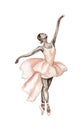 Watercolor dancing ballerina with dark skin. Pink pretty ballerina