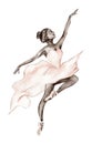 Watercolor dancing ballerina with dark skin. Pink pretty ballerina