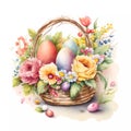 Watercolor vintage Easter basket with wild flowers on white background, colorful painting. Created with Generative AI technology