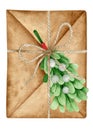 Watercolor vintage envelope decorated mistletoe bouquet. Christmas hand drawn illustated