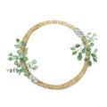 Watercolor vintage eucalyptus decor. Hand drawn ÃÂircle frame, leaves, plants, wooden textured sign on white background.