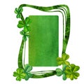 Watercolor vintage fantasy frame with hand drawn four leaf clover for St. Patrick's Day for good luck, for