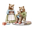 Watercolor vintage father, mom and son three bears with Birthday cake,railway and gift