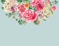 Watercolor Vintage Floral Bouquet with Pink Roses, Hydrangea, Snail and Wild Flowers, Botanical Greeting Card Royalty Free Stock Photo