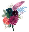 Watercolor vintage floral composition Pink and blue Floral Bouquet Flowers and Feathers