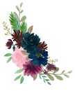 Watercolor vintage floral composition Pink and blue Floral Bouquet Flowers and Feathers